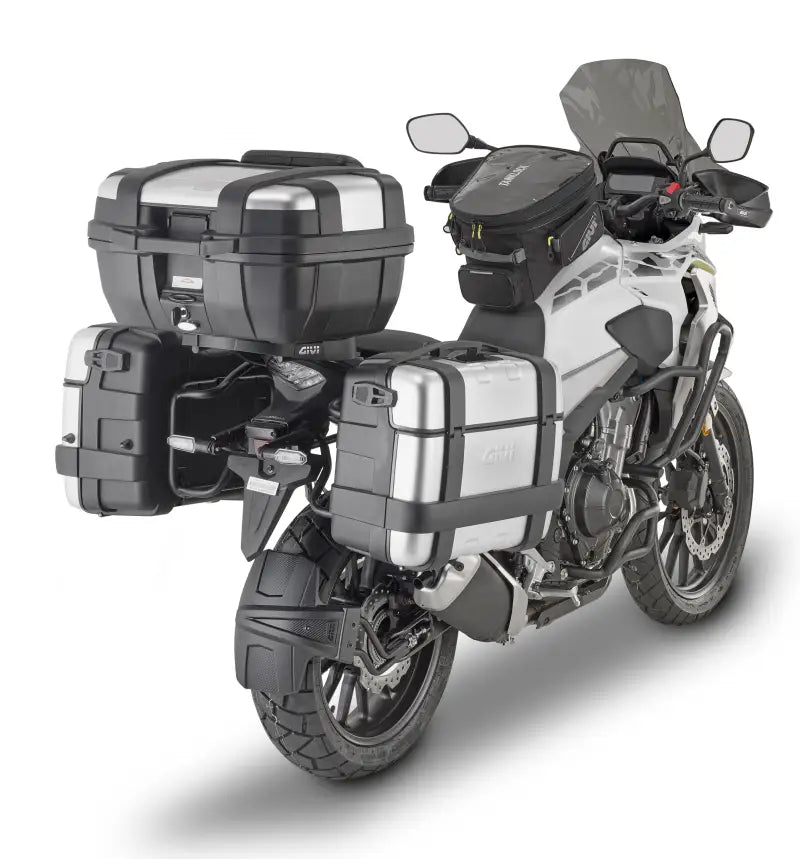 Motorcycle with luggage cases showing Side Case Hardware Hon for durable case hardware hon