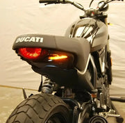 Black Ducati motorcycle with custom seat and fender eliminator for SIXTY2-FE-P license plate