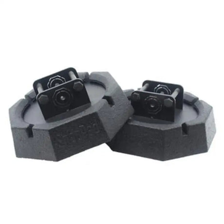 Black octagonal cast iron weight plates with hardware for SJ2500 Snappad scissor jack conversion kit