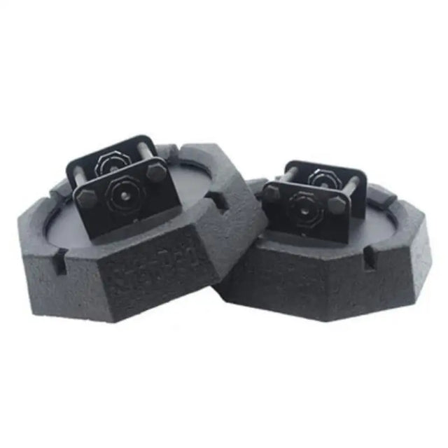 Black octagonal cast iron weight plates with hardware for SJ2500 Snappad scissor jack conversion kit
