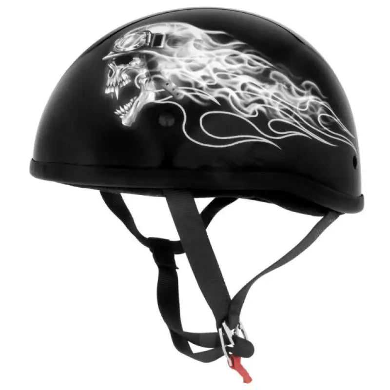 Black motorcycle helmet with biker skull and flame design from Skid Lids Biker Skull collection