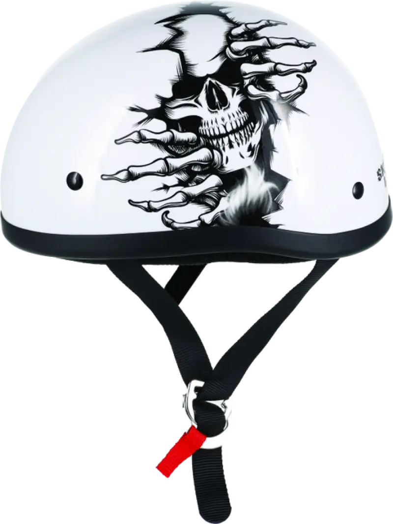 White motorcycle helmet with skull graphic from Skid Lids Born Wild collection