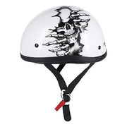White motorcycle helmet with skull graphic from Skid Lids Born Wild collection