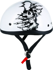 White motorcycle helmet with skull graphic from Skid Lids Born Wild collection