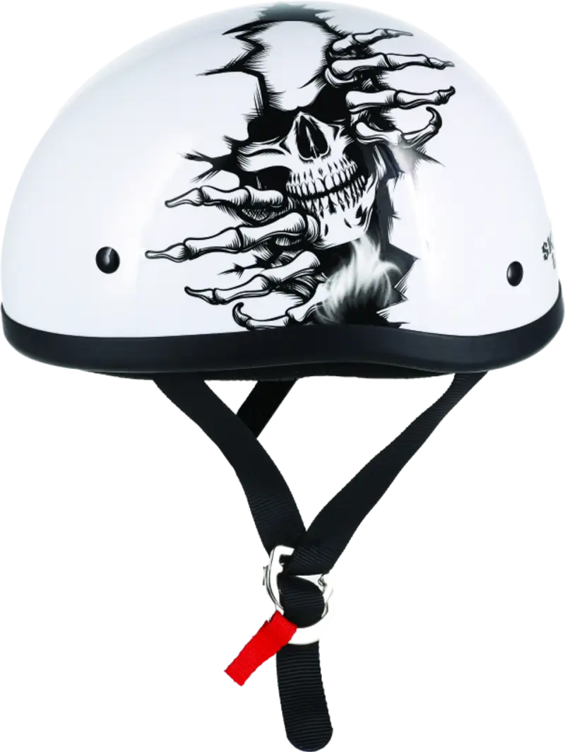 White motorcycle helmet with skull graphic from Skid Lids Born Wild collection
