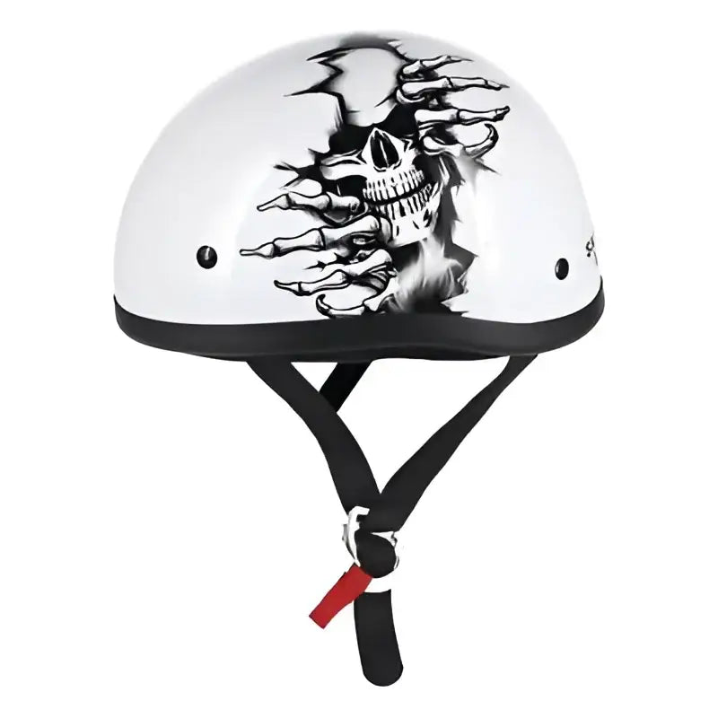 White motorcycle helmet with skull graphic from Skid Lids Born Wild collection