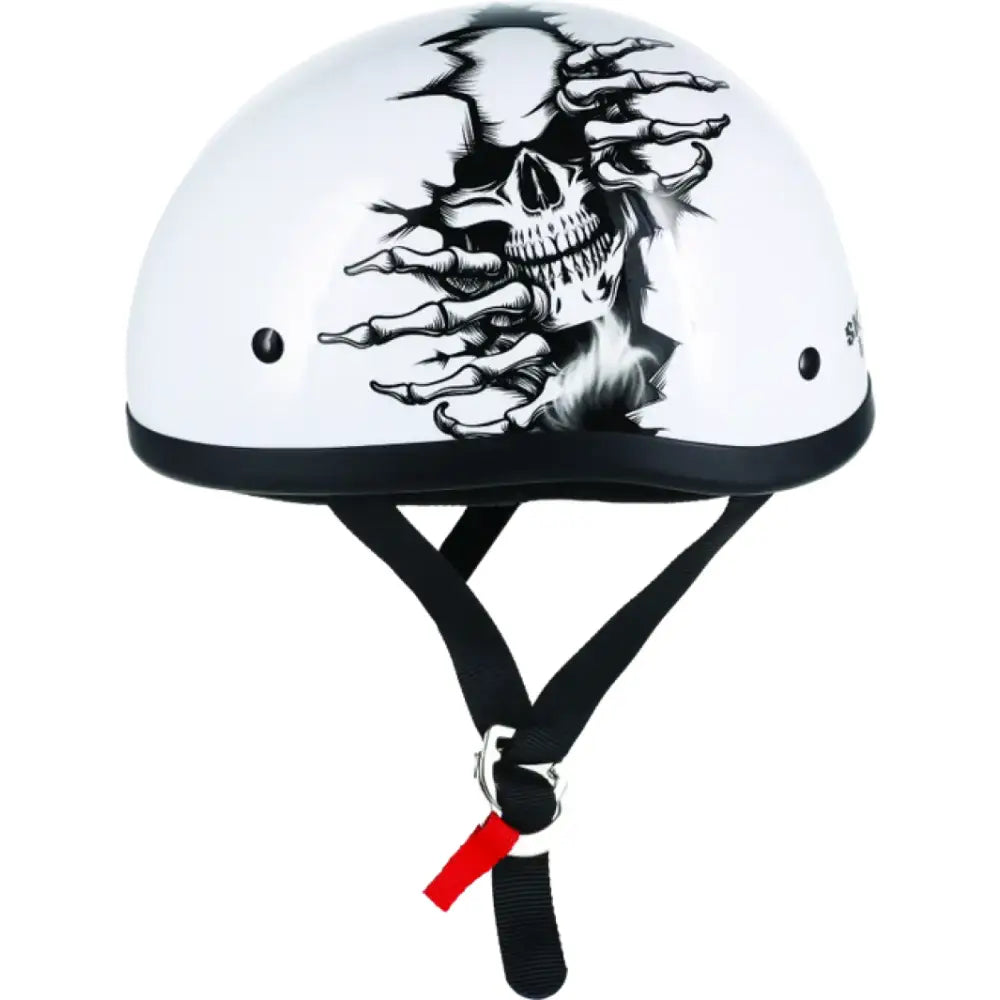White motorcycle helmet with skull graphic from Skid Lids Born Wild collection