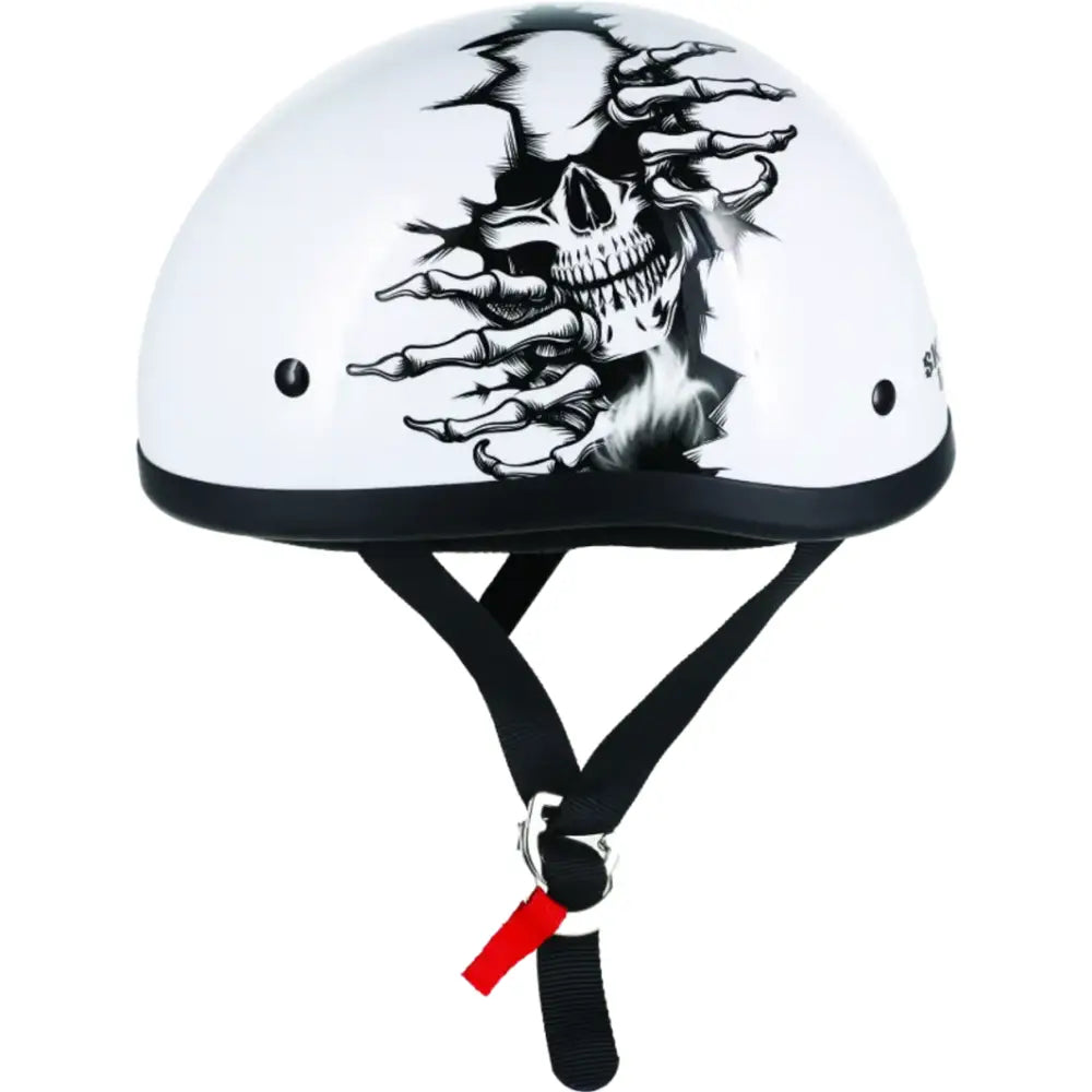 White motorcycle helmet with skull graphic from Skid Lids Born Wild collection