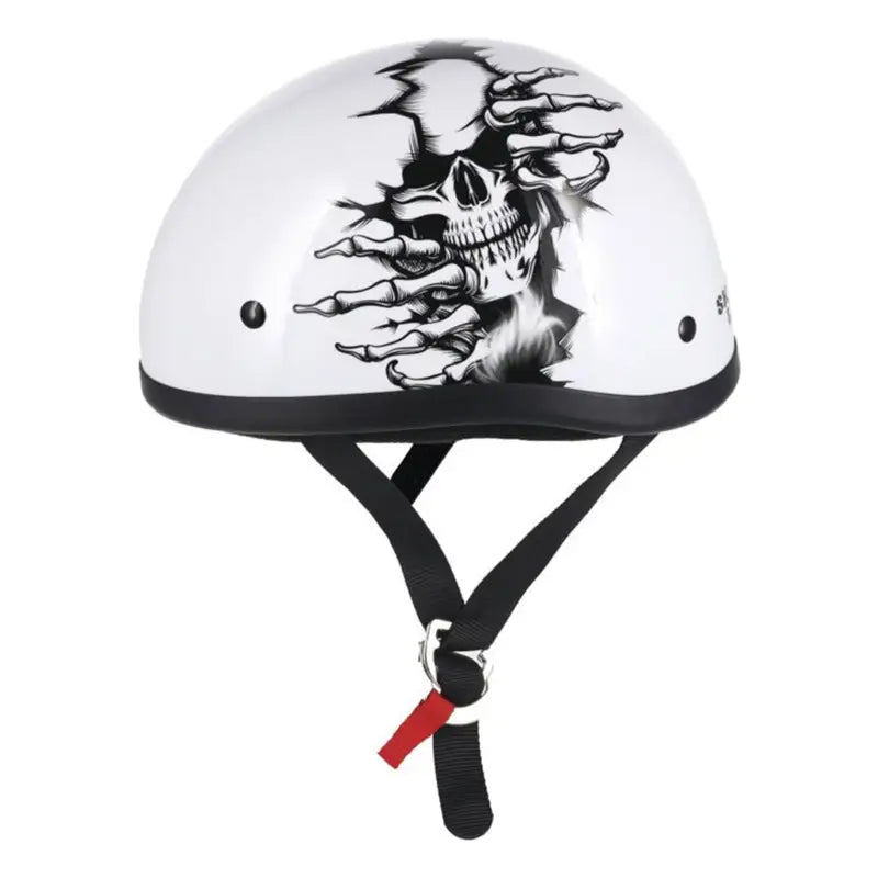 White motorcycle helmet with skull graphic from Skid Lids Born Wild collection