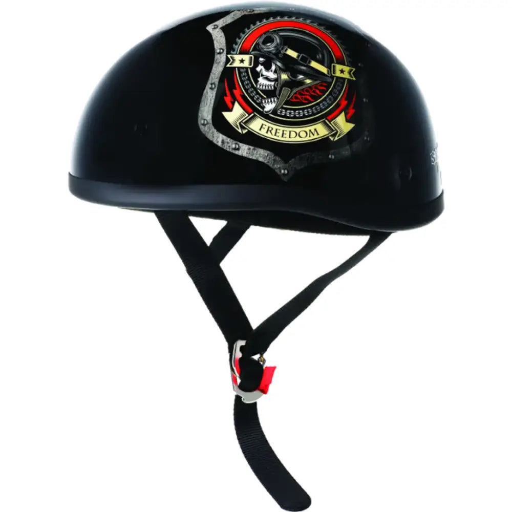 Black Skid Lids Freedom Original Helmet with skull graphic for motorcycle riders