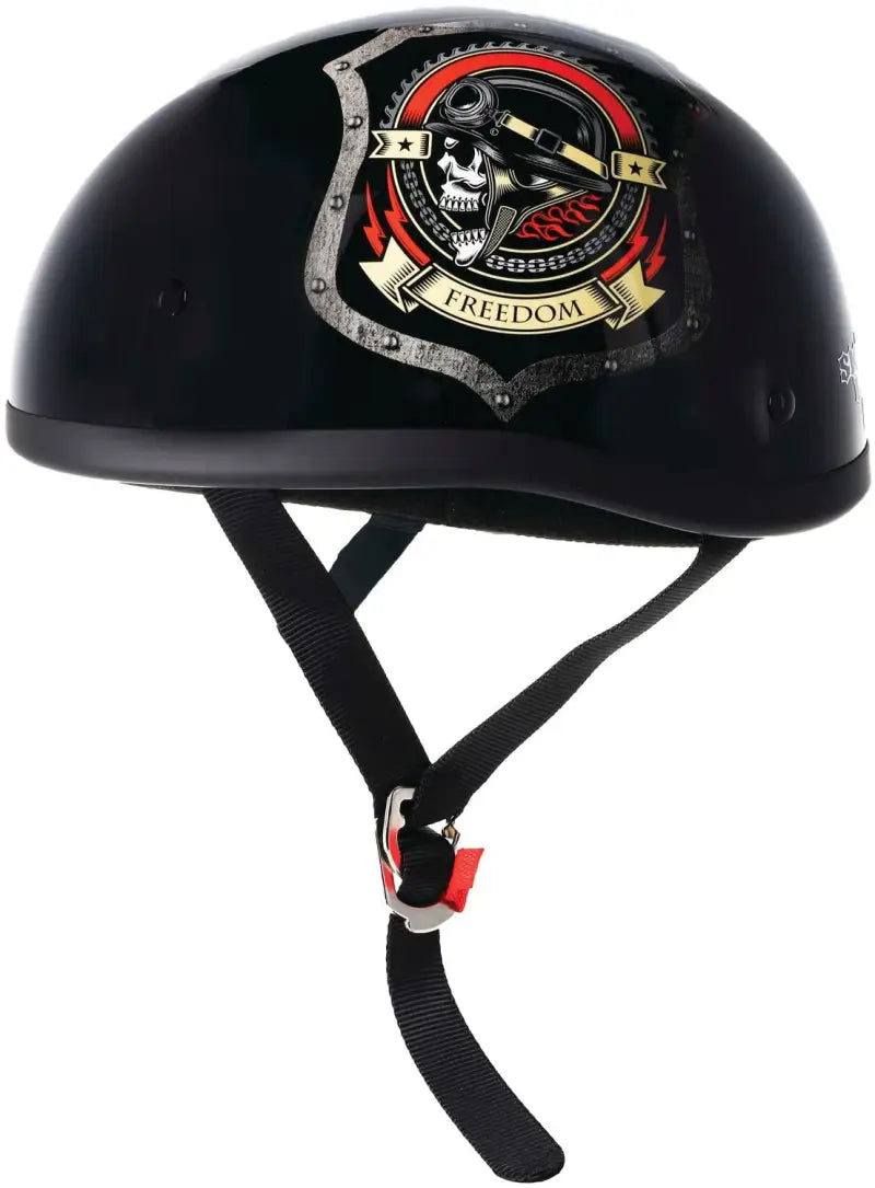 Black Skid Lids Freedom Original Helmet with skull graphic for motorcycle riders