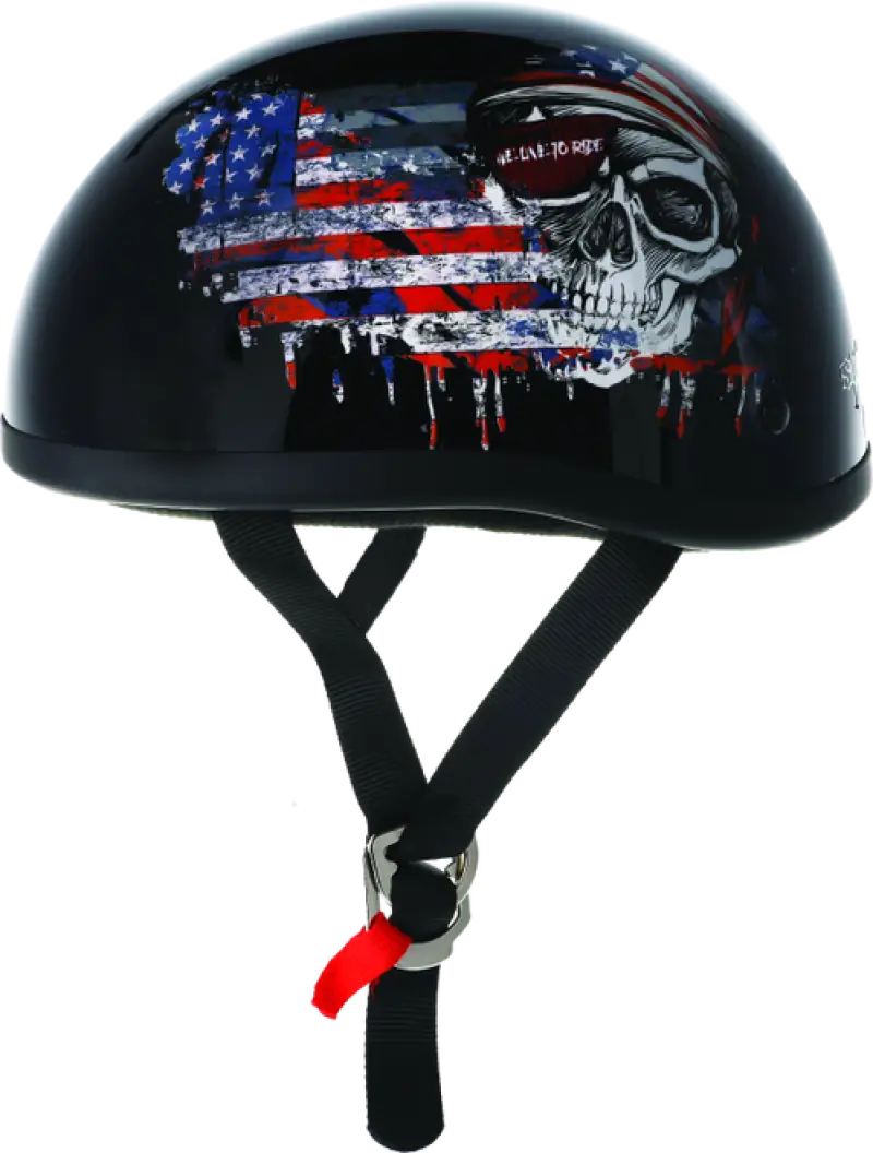 Black motorcycle helmet with American flag and skull design from Skid Lids Live to Ride Original Helmet collection