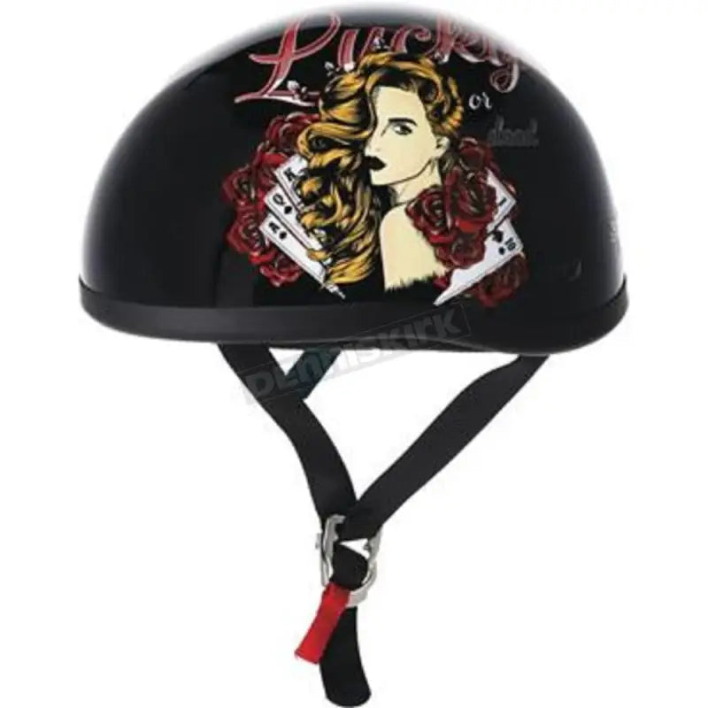 Black Skid Lids Lucky Lady helmet with woman and playing card design on front
