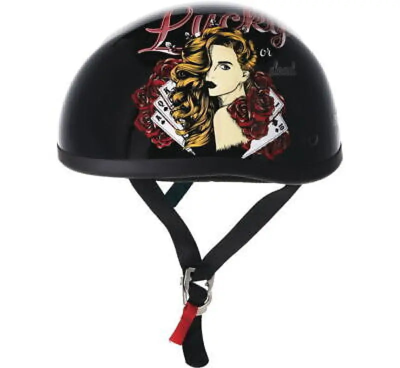 Black Skid Lids Lucky Lady helmet with woman and playing cards design in Medium size