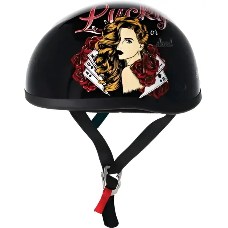 Black Skid Lids Lucky Lady helmet with roses and playing cards design for women
