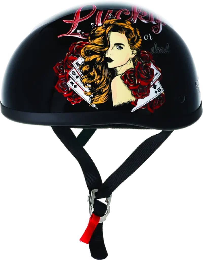 Black Skid Lids Lucky Lady helmet with woman and playing card design for style