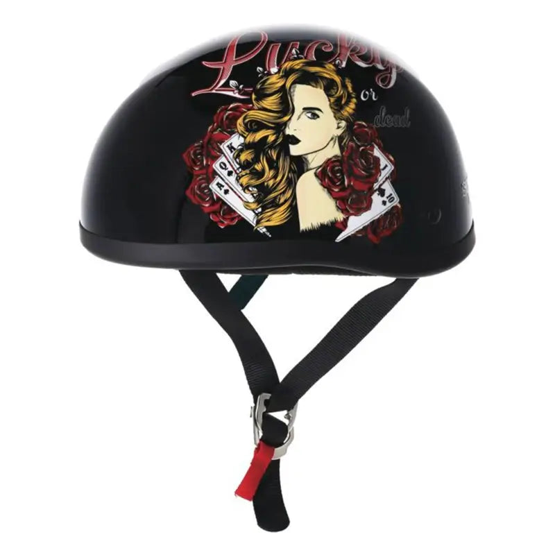 Black Skid Lids Lucky Lady helmet with woman and playing cards design
