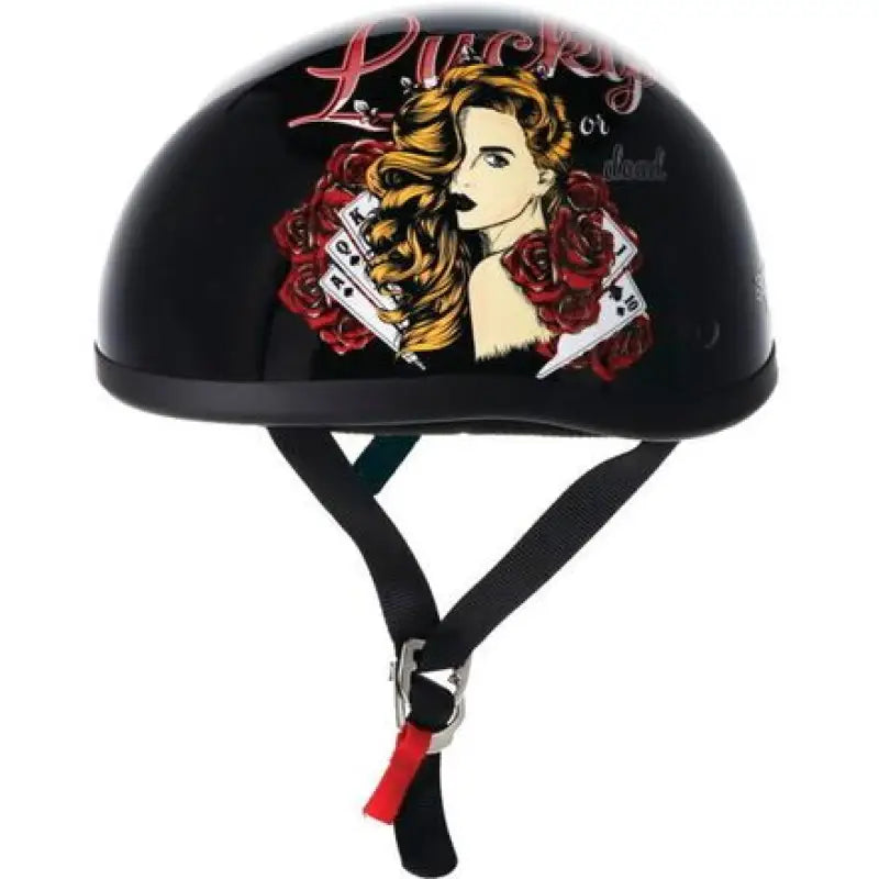 Black Skid Lids Lucky Lady helmet with woman and playing cards design for women