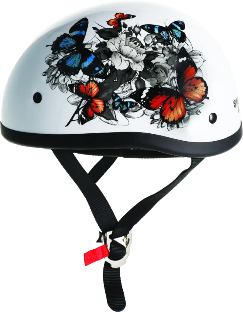 White Rose Skid Lids White Helmet with butterfly and floral design for style and safety