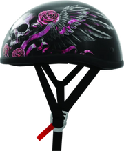 Black Skid Lids Wild One helmet with skull and rose design for bikes