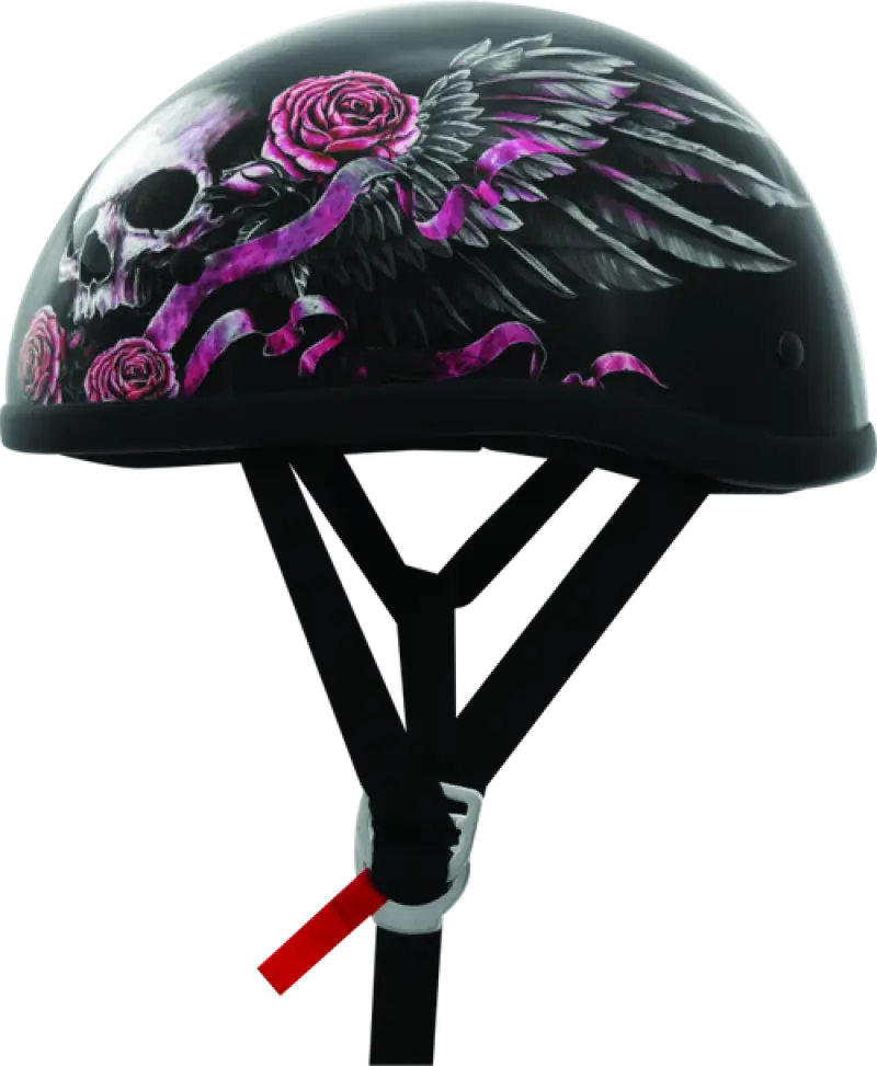 Black Skid Lids Wild One helmet with skull and rose design for bikes