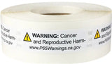 Roll of warning labels with "WARNING: Cancer and Reproductive Harm - www.P65Warnings.ca.gov" text for Skunk2 Racing products.
