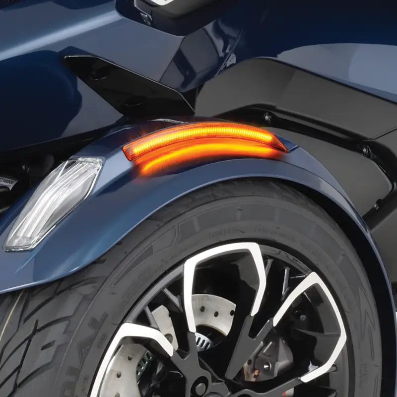 Dark blue motorcycle fender led light with amber lens and illuminated LED strip