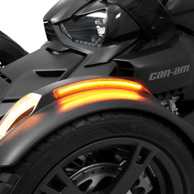 Black Can-Am Spyder front with fender led light amber lens and illuminated amber led lights