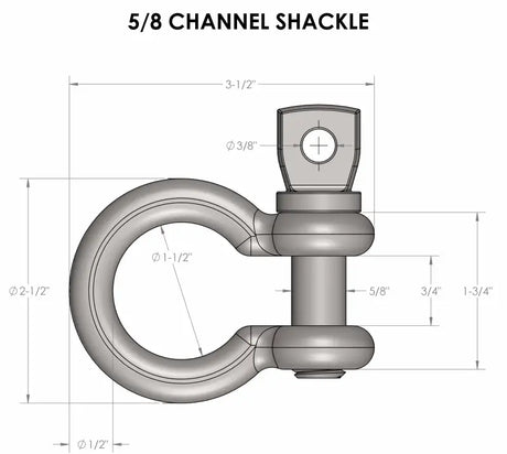 SMALLSHACKLE Bulletproof 5/8' Channel Shackles for RV, Automotive, Powersports, off-road and marine use. Diagram displaying the 5/8" shackle design with precise measurements. Durable, corrosion-resistant, ideal for towing & hitches, truck & automotive, towing | trailer | axles | brakes | boat. AVADA - Best Sellers, Must Haves