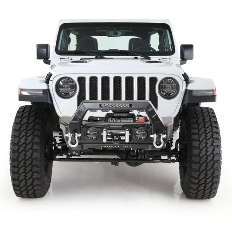 White Jeep Wrangler with aftermarket bumper featuring Smittybilt Repl Top W Tinted Windows and Tint Den SPC