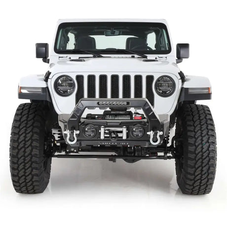 White Jeep Wrangler with aftermarket bumper and tinted windows in Smittybilt Repl Top W Tint Den Spc