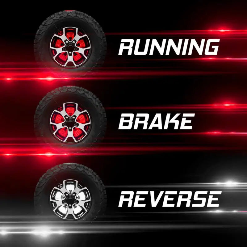 Spare Tire Brake Light Hub Mount featuring smoke lens with red and white LED bulbs, showcasing running, brake, and reverse light functions.