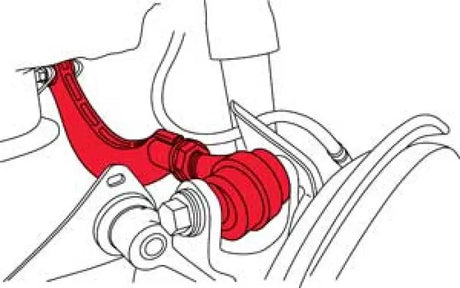SPC Performance 2011+ Scion tC Rear Adjustable Control Arm illustration showing xAxis sealed flex joint and rubber bonded bushing for superior rear camber adjustment.
