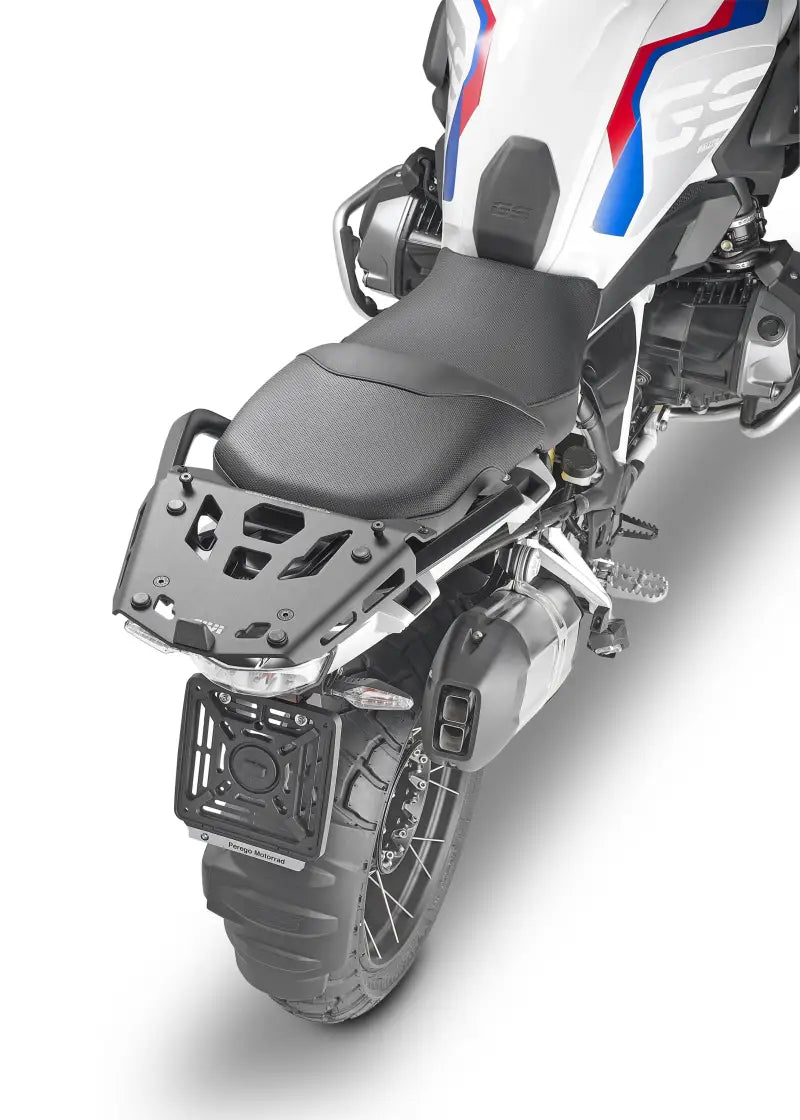 Motorcycle with rear luggage rack and passenger seat, ideal for BMW with mounting hardware