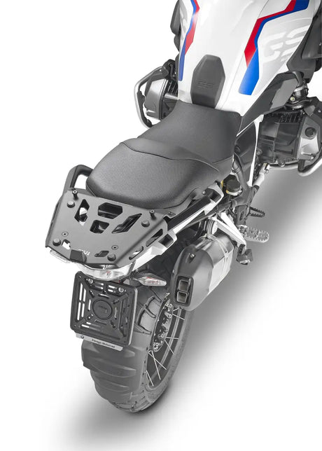Motorcycle with rear luggage rack and passenger seat, ideal for BMW with mounting hardware
