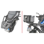 Motorcycle luggage carriers on Black BMW rear rack with mounting hardware for RV & truck parts
