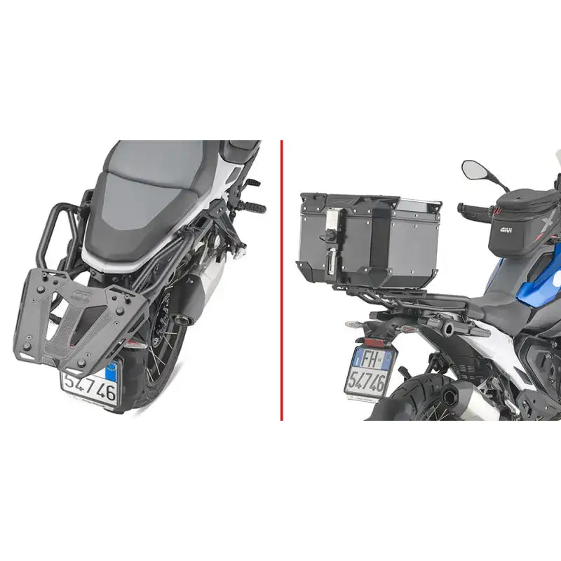Motorcycle luggage carriers on Black BMW rear rack with mounting hardware for RV & truck parts