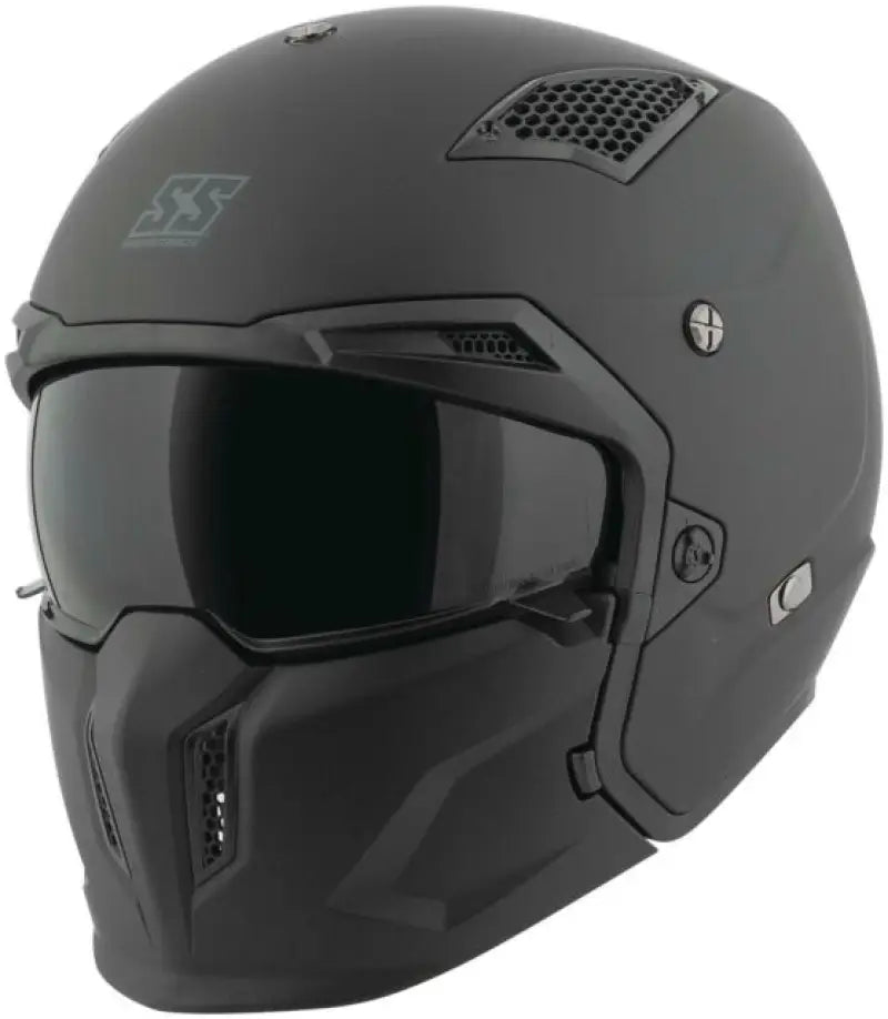 Matte black motorcycle helmet with Speed and Strength Black 9 2.0 Moto Shirt Grey