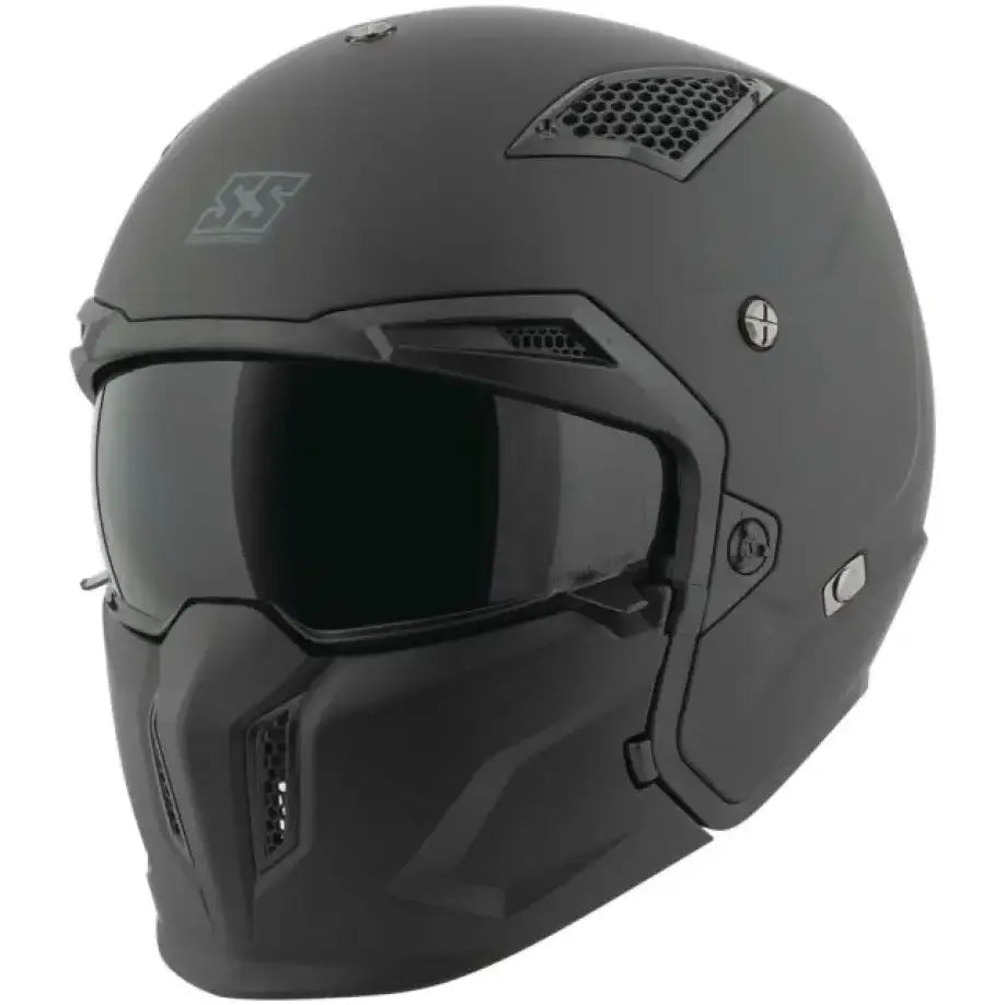 Matte black motorcycle helmet with Speed and Strength Black 9 2.0 Moto Shirt Grey