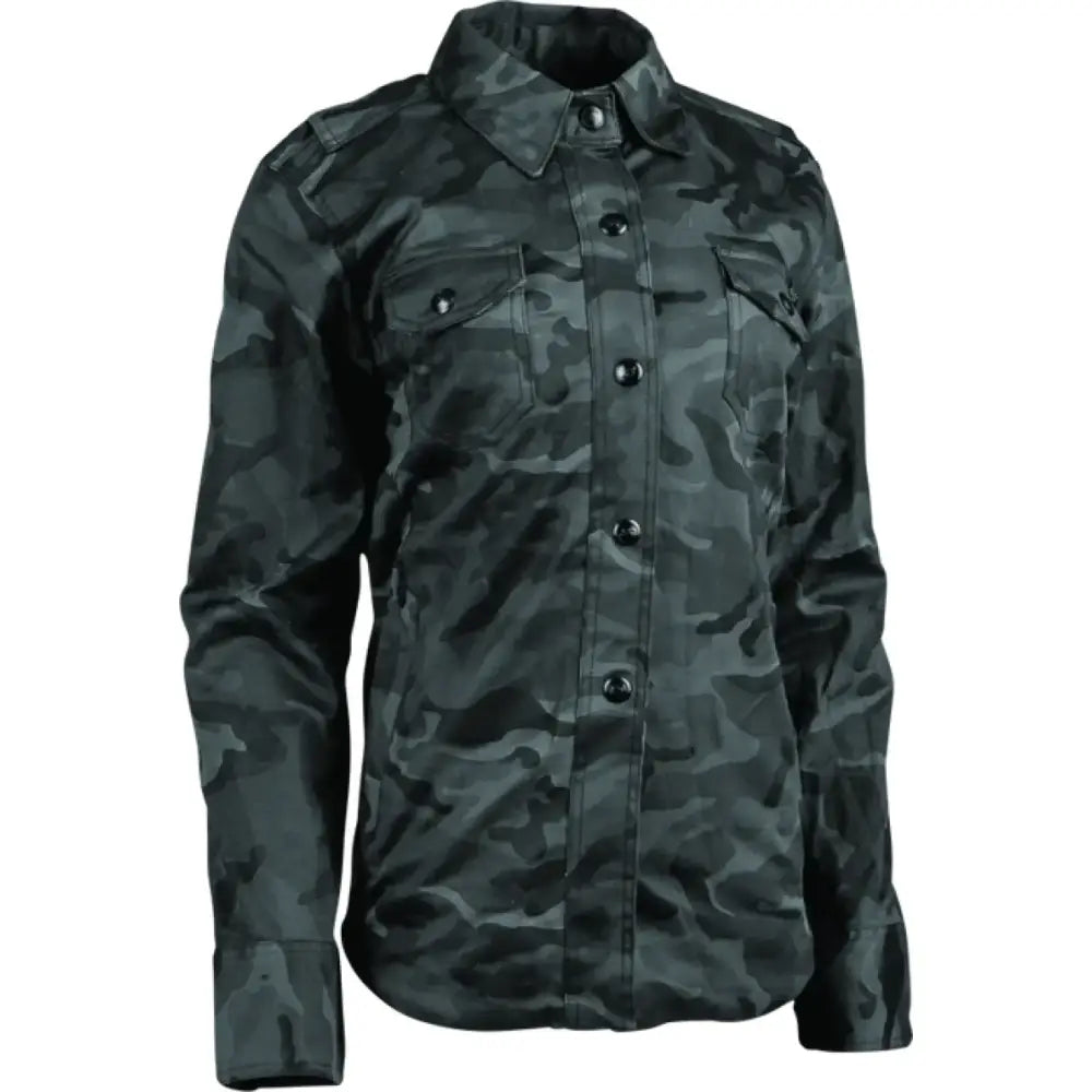 Camouflage button-down shirt from Speed Society Armored Moto Shirt collection for women