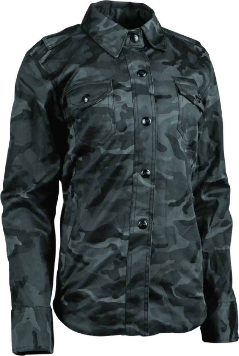Camouflage button-down shirt from Speed Society Armored Moto Shirt collection for women