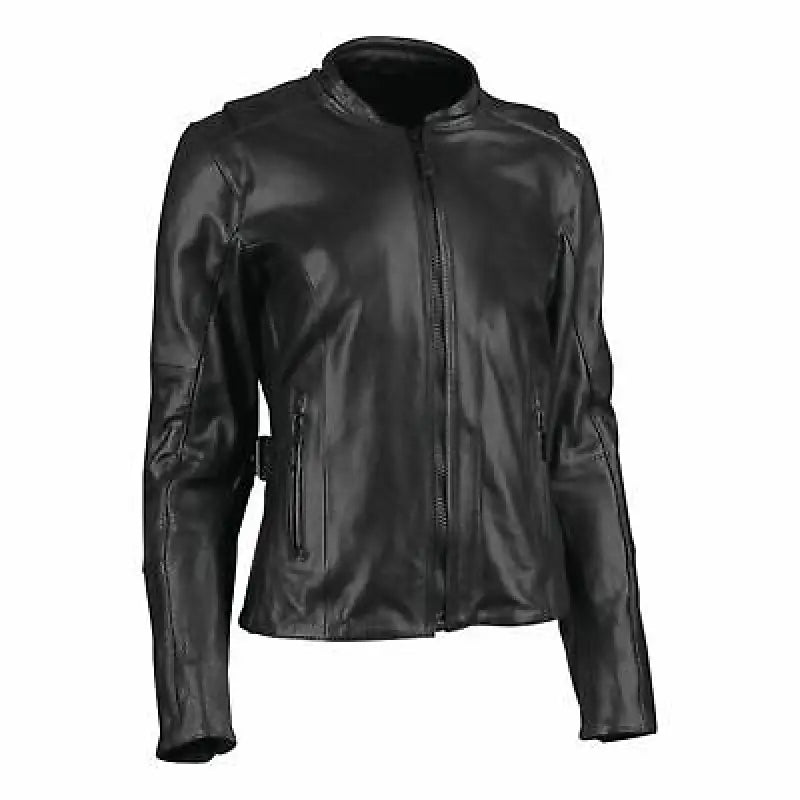 Black leather jacket featuring throttle body design for women, Speed and Strength style