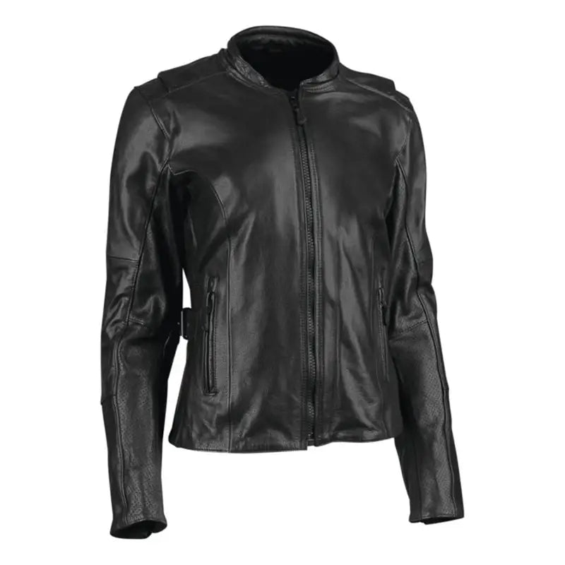 Black leather motorcycle jacket from Speed and Strength Throttle Body line for women