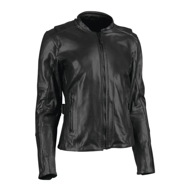 Black leather motorcycle jacket from Speed and Strength Throttle Body line for women