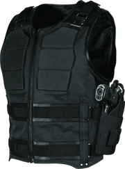 Black tactical vest with gun holster.
