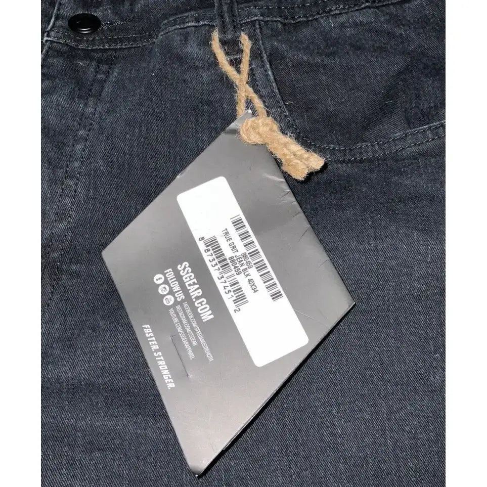 Dark denim jeans with attached tag from Speed and Strength True Grit denim collection