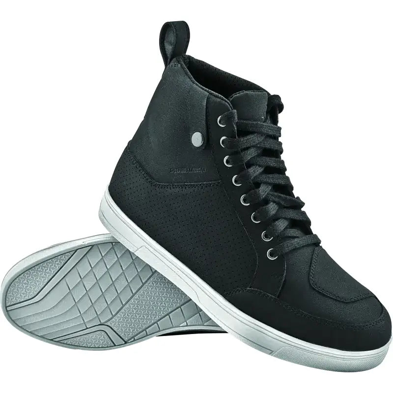 Black high-top sneaker with white sole.