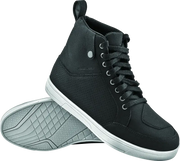 Black high-top sneaker with white sole.