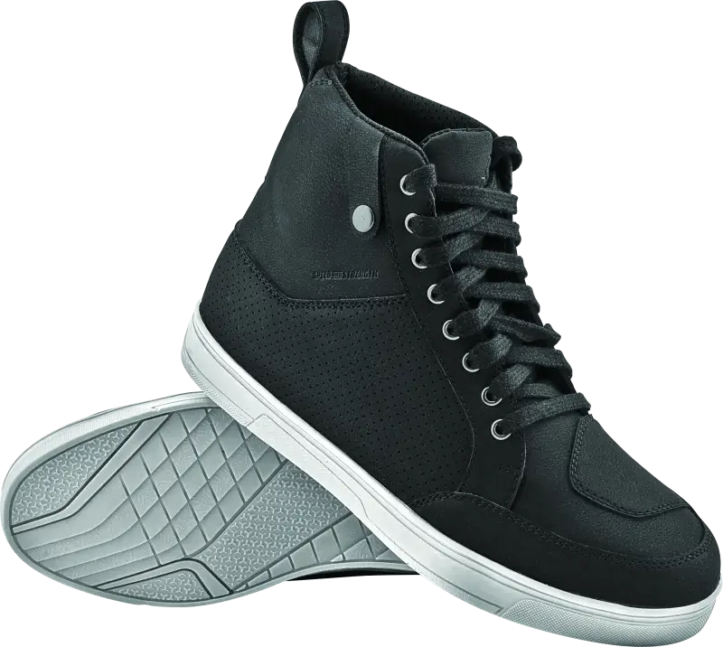 Black high-top sneaker with white sole.