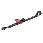 Black 2in x 6ft ratchet tie-down strap with red handle and hook for secure cargo